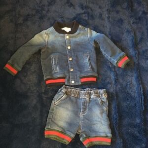 Gucci Kids Blue Jean Jacket and Shorts Set with Red and Green Accents